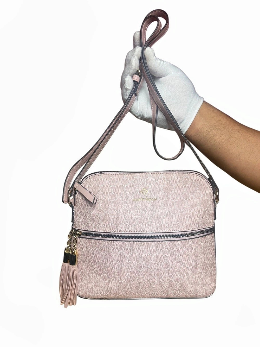 Nanette Lepore Pink Logo Print Camera Crossbody Bag Tassel